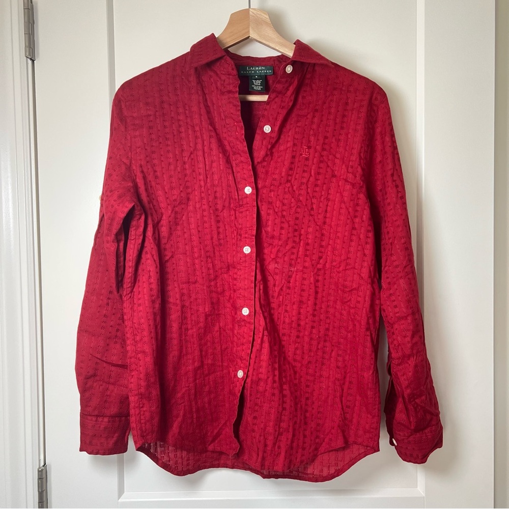Lauren by Ralph Lauren‎ 90s/Y2K Early 2000s Red Collared Cotton Blouse ❤️